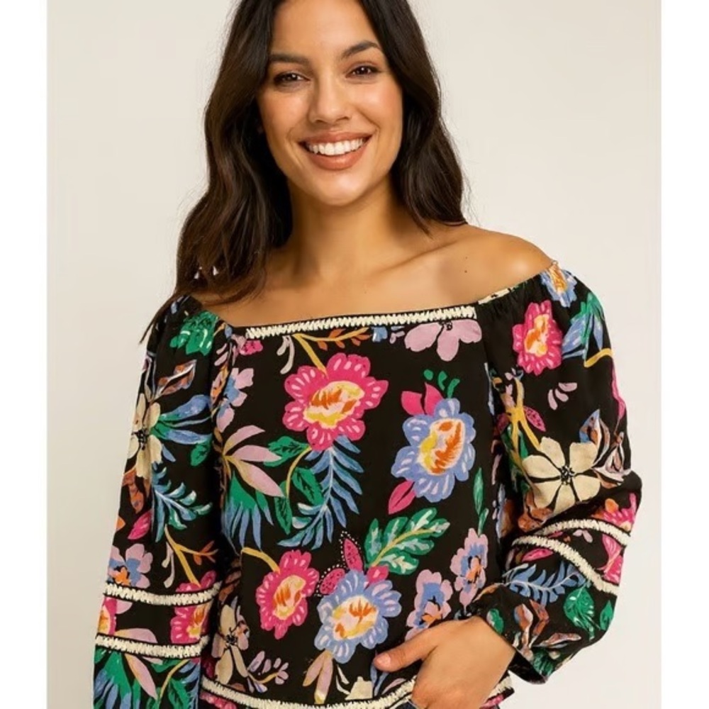C&C California Black Off-Shoulder Floral Blouse with Pink, Blue & Green Flowers